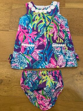 Lilly Pulitzer toddler Girls' Floral Two-Piece Purple Dress Set 18-24m EUC